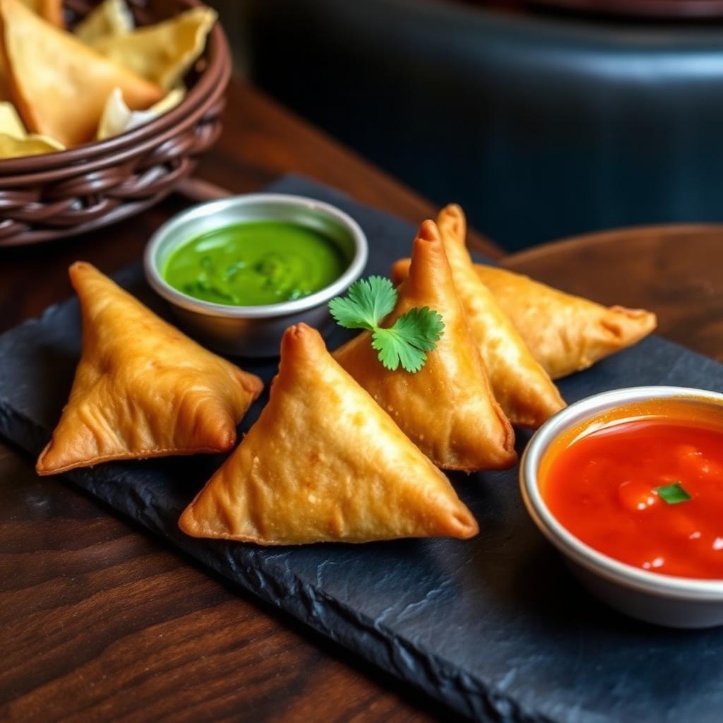 Vegetable samosas with chutneys