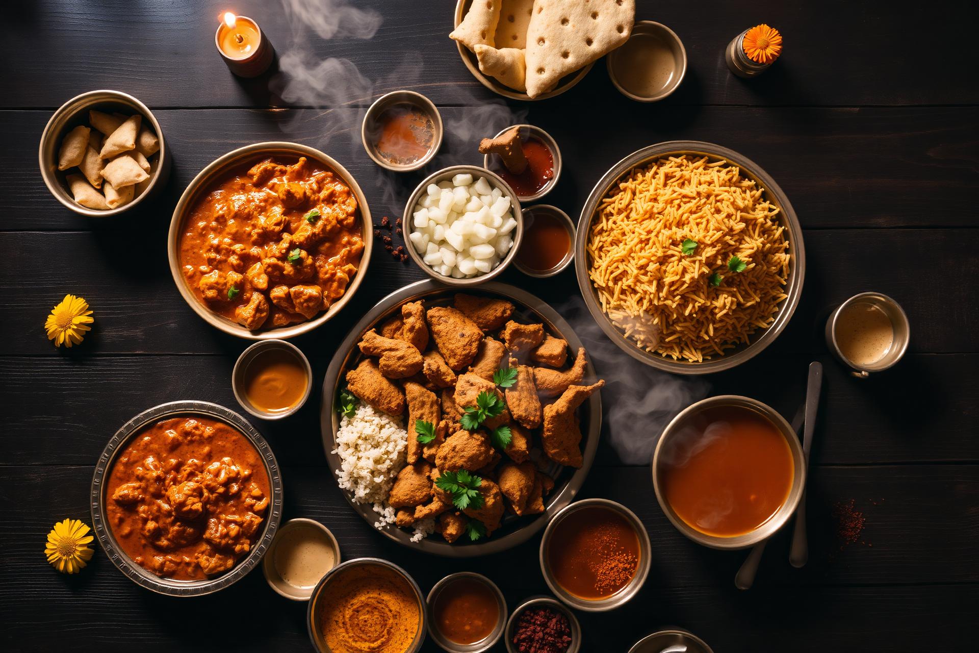 Indian feast with butter chicken, biryani, naan and chutneys